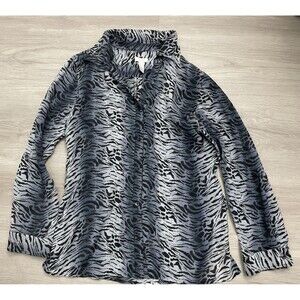 Chico's Tiger Print Animal Blue Women's Button Tunic Shirt Blouse Top SZ 2 or L
